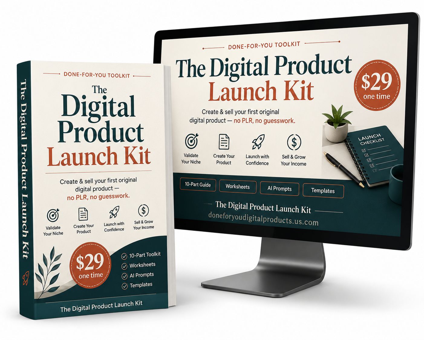 The Digital Product Launch Kit shown as a printed book alongside its cover displayed on a computer monitor