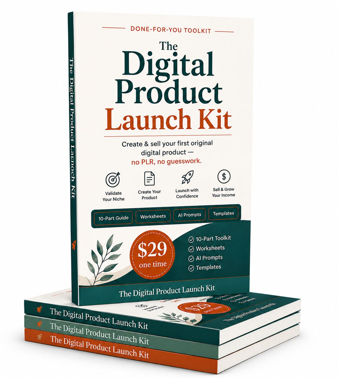 Stack of copies of The Digital Product Launch Kit book cover, a done-for-you toolkit for creating and selling your first original digital product
